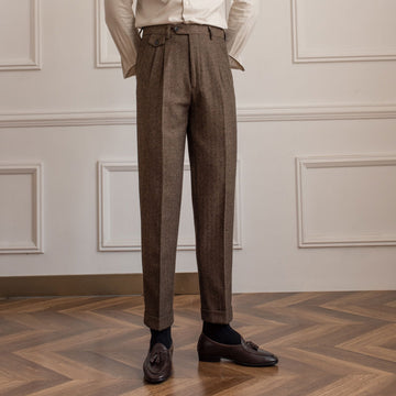 Herringbone Woolen High Waist Straight Pants