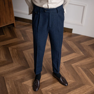 Herringbone Woolen High Waist Straight Pants